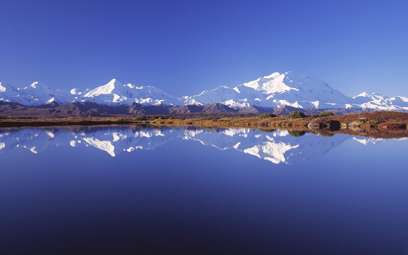 Snow-capped Mountains — Blue, Serene, Morning, Photograph, Lake, Sky, White, Brown