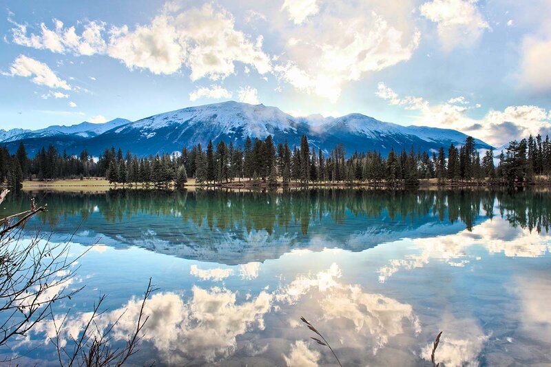 Snow-capped Mountains — Blue, Serene, Morning, Photograph, Lake, Trees, Clouds