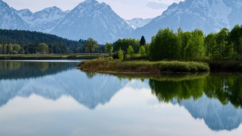 Snow-capped Mountains — Blue, Serene, Morning, Photograph, Lake, Trees, Forests