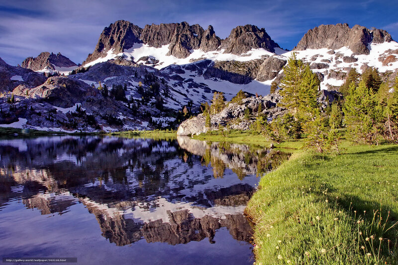 Snow-capped Mountains — Blue, Serene, Morning, Photograph, Lake, Trees, Grass