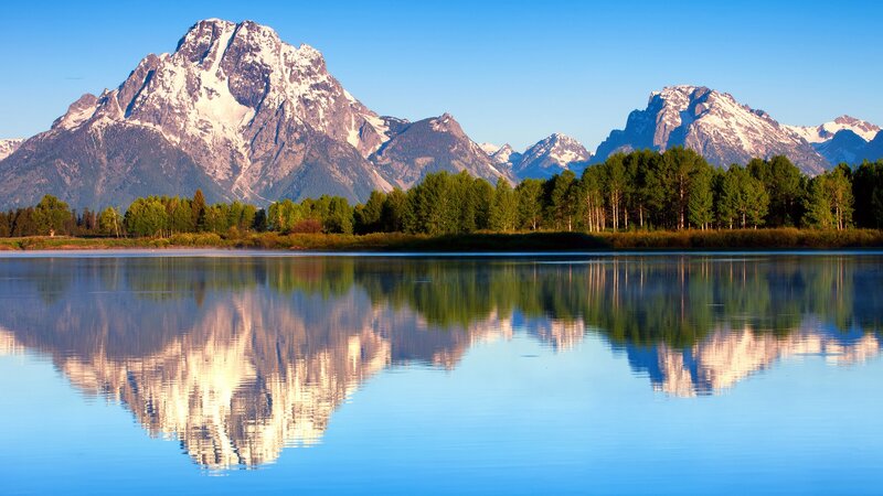 Snow-capped Mountains — Blue, Serene, Morning, Photograph, Lake, Trees, Reflection, Green, White