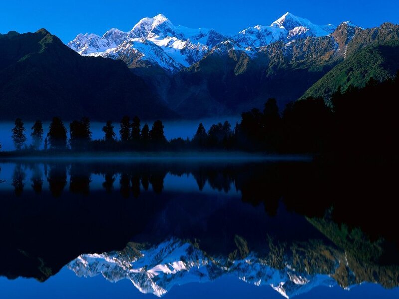 Snow-capped Mountains — Blue, Serene, Morning, Photograph, Lake, Trees, Reflection, White, Black