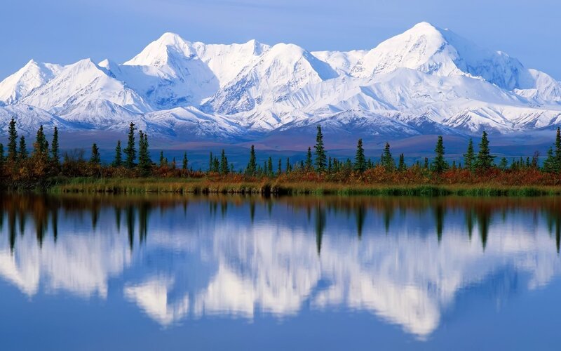 Snow-capped Mountains — Blue, Serene, Morning, Photograph, Lake, Trees, Reflection, White