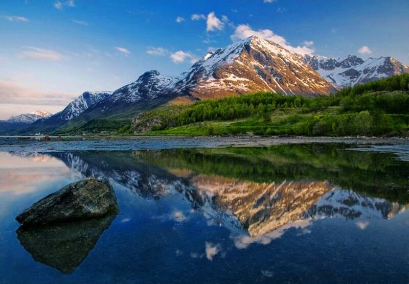 Snow-capped Mountains — Blue, Serene, Morning, Photograph, Lake, Trees, Rock