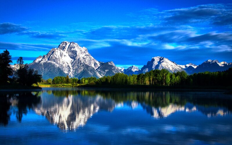 Snow-capped Mountains — Blue, Serene, Morning, Photograph, Lake, Trees, Sky