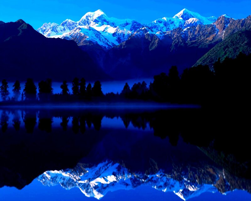Snow-capped Mountains — Blue, Serene, Morning, Photograph, Lake, Trees