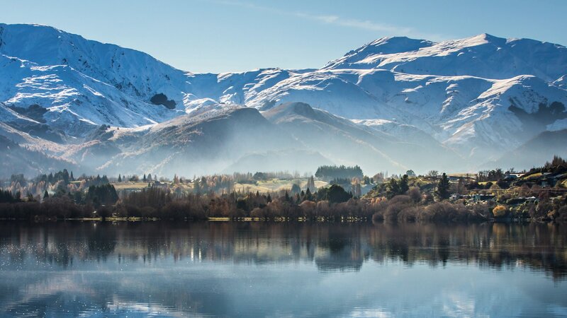 Snow-capped Mountains — Blue, Serene, Morning, Photograph, Lake, Trees, Village