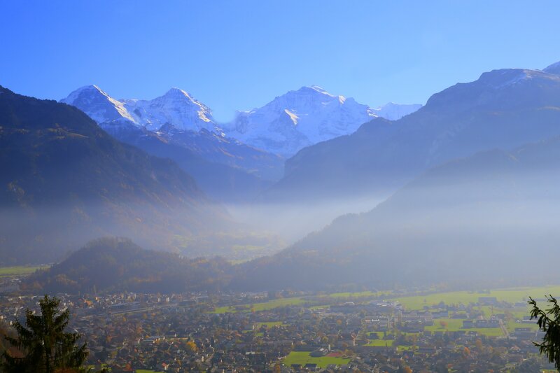 Snow-capped Mountains — Blue, Serene, Morning, Photograph, Town