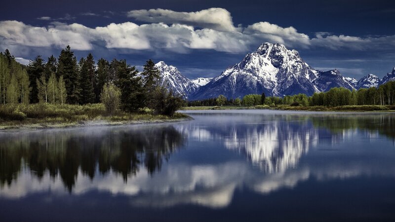 Snow-capped Mountains — Blue, Serene, Morning, Photograph, Trees, Lake, Clouds