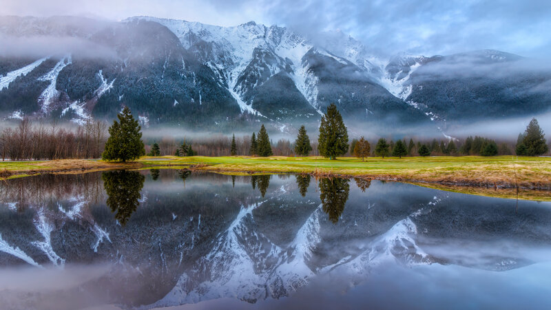 Snow-capped Mountains — Blue, Serene, Morning, Photograph, Trees, Pond