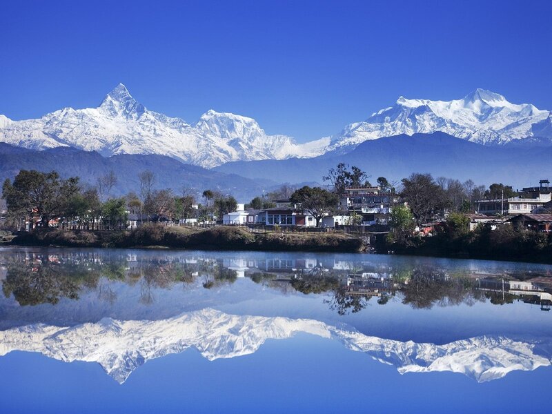 Snow-capped Mountains — Blue, Serene, Morning, Photograph, Village, River, White