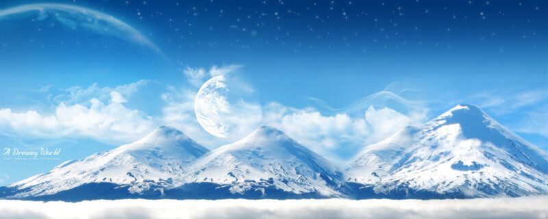 Snow-capped Mountains — Blue, Serene, Night, Digital Art, Moon