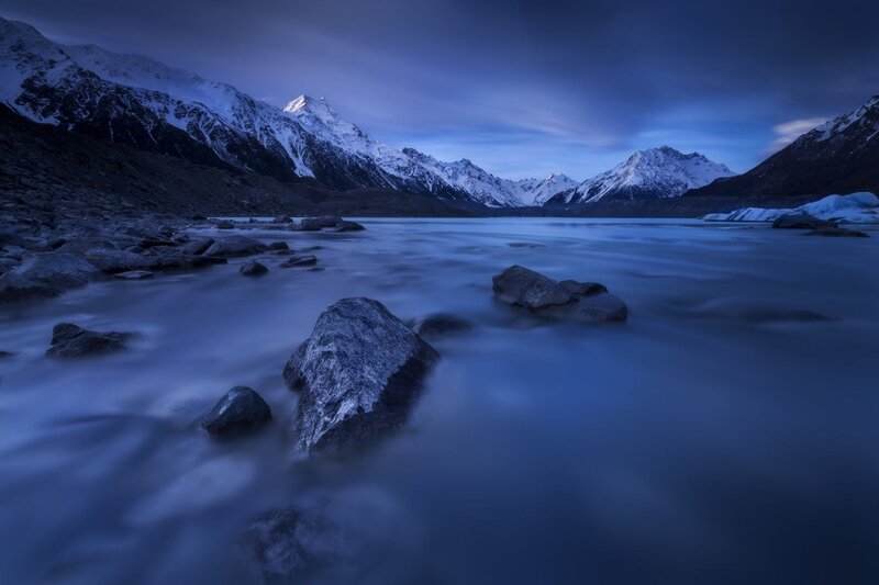 Snow-capped Mountains — Blue, Serene, Night, Photograph, Lake, Rocks, Glacier
