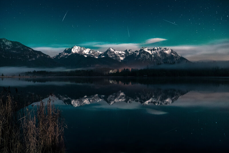 Snow-capped Mountains — Blue, Serene, Night, Photograph, Lake, Stars, Forest