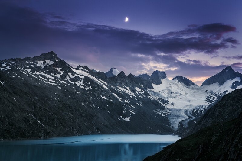 Snow-capped Mountains — Blue, Serene, Night, Photograph, Moon, Lake, Glacier
