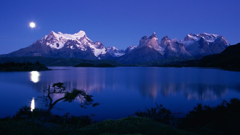 Snow-capped Mountains — Blue, Serene, Night, Photograph, Moon, Lake, Tree, White, Black