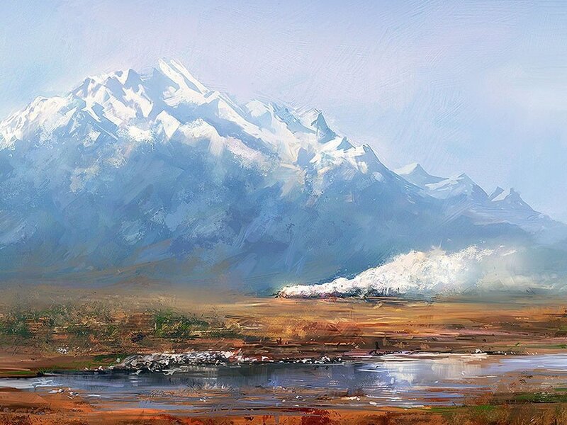Snow-capped Mountains — Blue, Serene, Painting, River