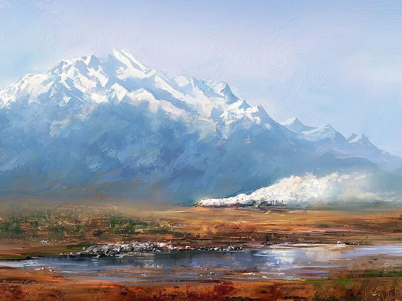 Snow-capped Mountains — Blue, Serene, Painting