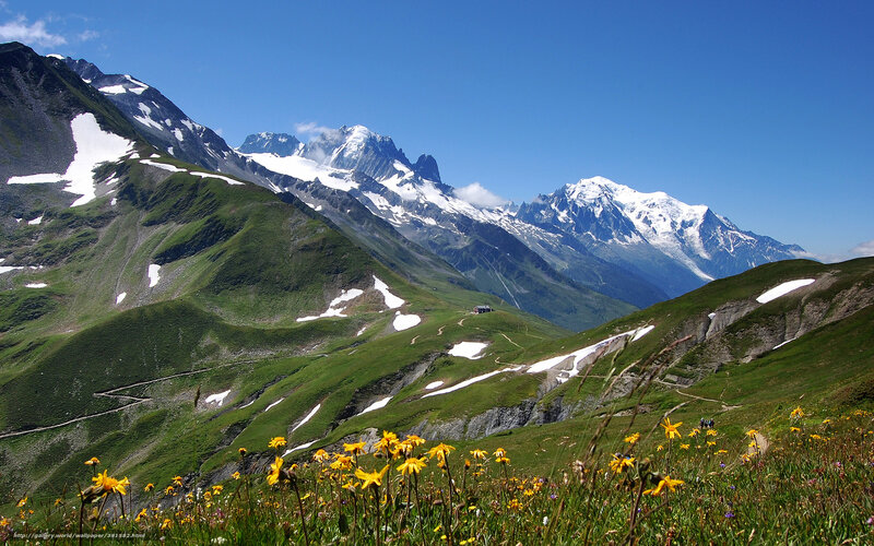 Snow-capped Mountains — Blue, Serene, Summer, Photograph, Green Hills