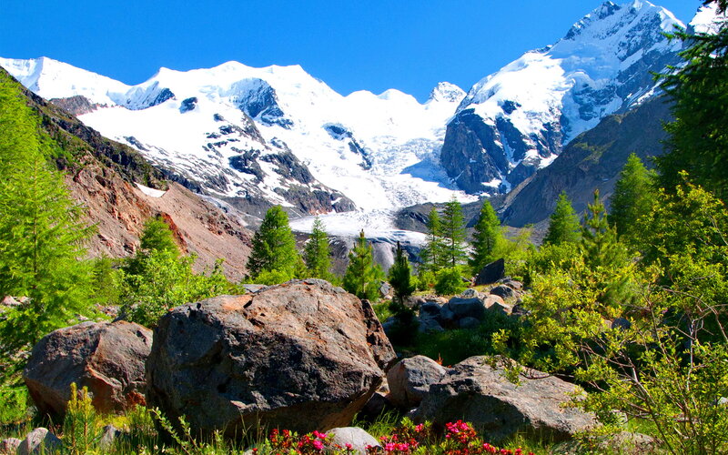 Snow-capped Mountains — Blue, Serene, Summer, Photograph, Trees, Rocks