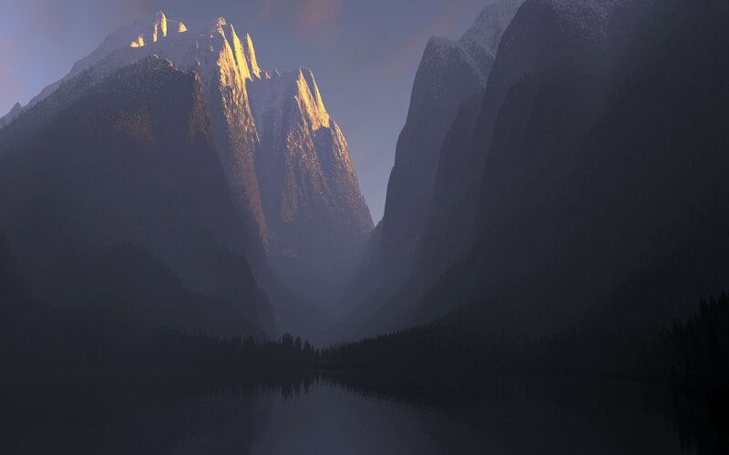 Snow-capped Mountains — Blue, Serene, Sunrise, Digital Art, Lake, Forest