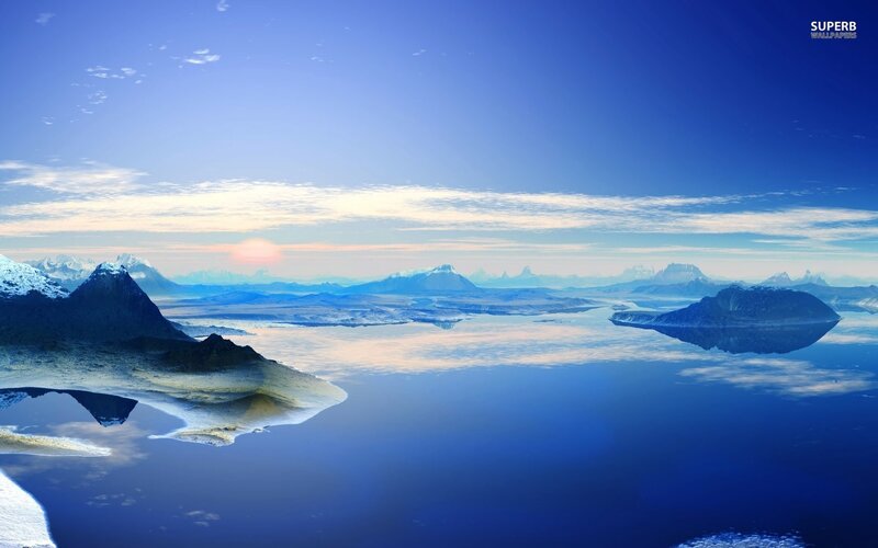 Snow-capped Mountains — Blue, Serene, Sunrise, Digital Art, Lake