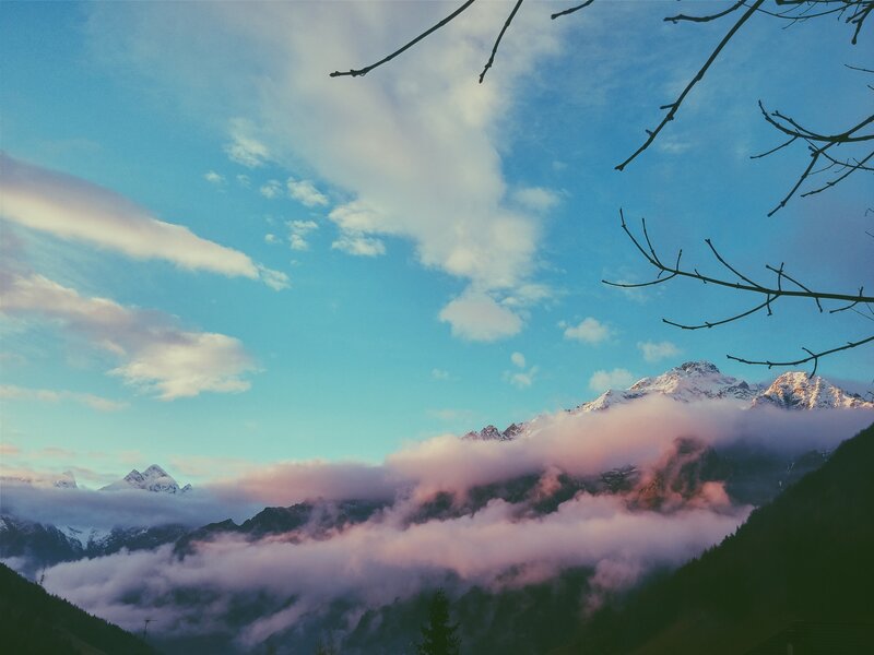 Snow-capped Mountains — Blue, Serene, Sunrise, Photograph, Clouds, Branches