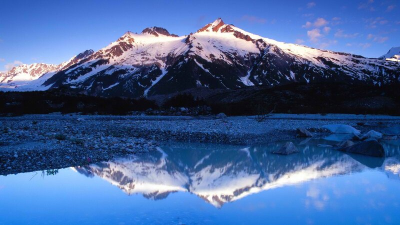 Snow-capped Mountains — Blue, Serene, Sunrise, Photograph, Lake, Reflection, White, Black