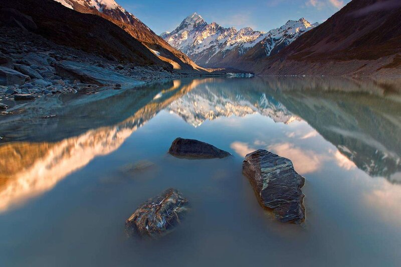 Snow-capped Mountains — Blue, Serene, Sunrise, Photograph, Lake, Rocks, Reflection