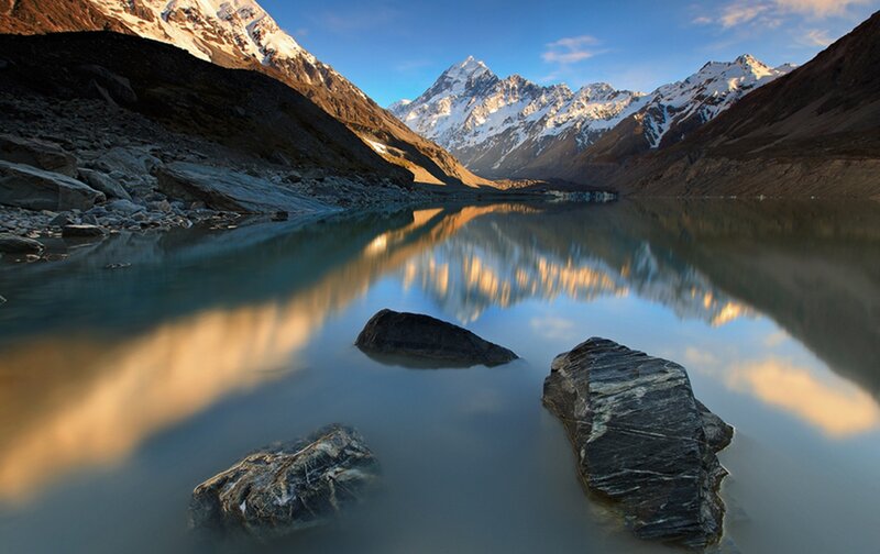 Snow-capped Mountains — Blue, Serene, Sunrise, Photograph, Lake, Rocks