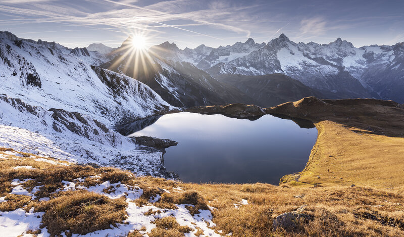 Snow-capped Mountains — Blue, Serene, Sunrise, Photograph, Lake, Sun