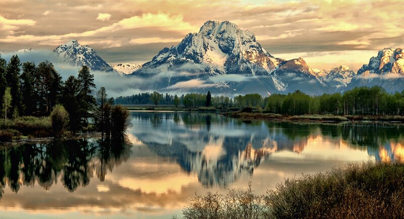 Snow-capped Mountains — Blue, Serene, Sunrise, Photograph, Lake, Trees, Clouds