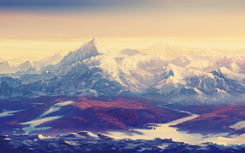 Snow-capped Mountains — Blue, Serene, Sunset, Digital Art, Valley