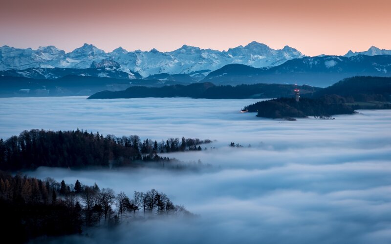 Snow-capped Mountains — Blue, Serene, Sunset, Photograph, Fog, Forest