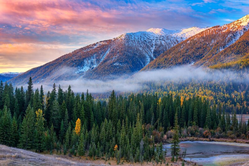 Snow-capped Mountains — Blue, Serene, Sunset, Photograph, Forest, Fog