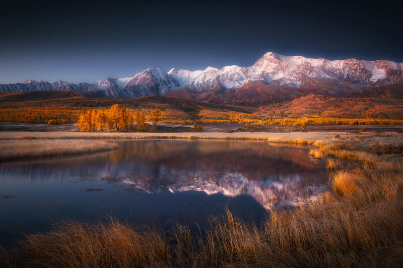 Snow-capped Mountains — Blue, Serene, Sunset, Photograph, Lake, Autumn Trees