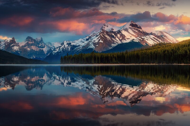 Snow-capped Mountains — Blue, Serene, Sunset, Photograph, Lake, Forest, Clouds