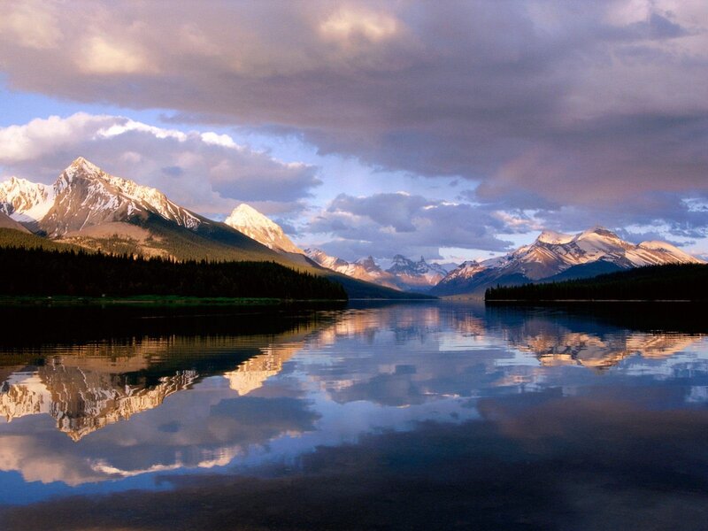 Snow-capped Mountains — Blue, Serene, Sunset, Photograph, Lake, Forest, Clouds, White, Green