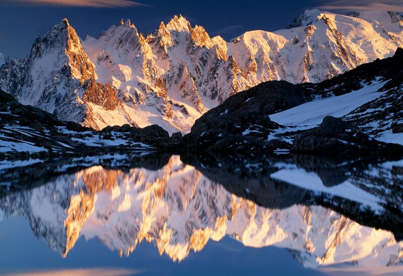 Snow-capped Mountains — Blue, Serene, Sunset, Photograph, Lake, Reflection, Rocks