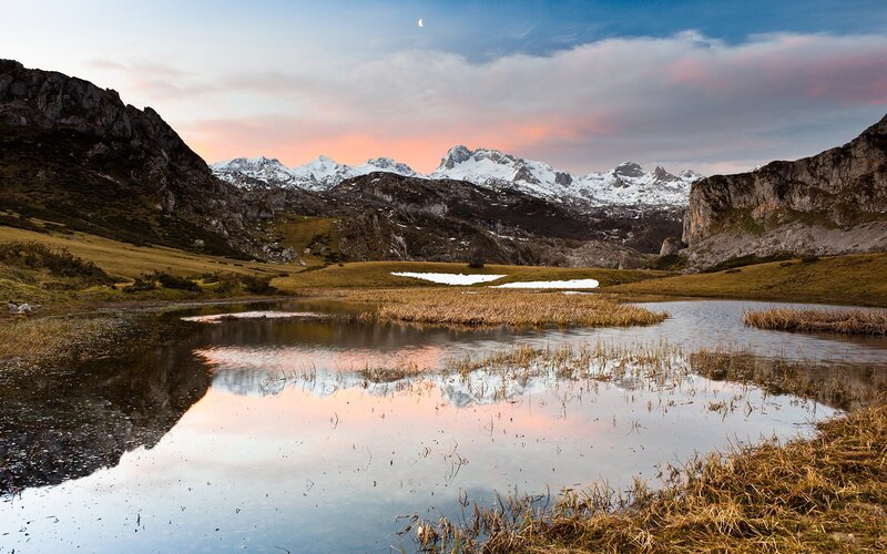 Snow-capped Mountains — Blue, Serene, Sunset, Photograph, Lake, Sky, Pink