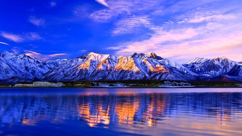 Snow-capped Mountains — Blue, Serene, Sunset, Photograph, Lake, Sky, Reflection