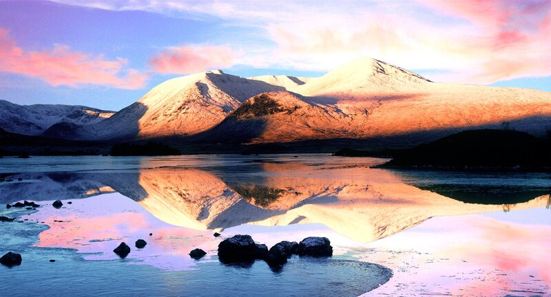 Snow-capped Mountains — Blue, Serene, Sunset, Photograph, Lake, Sky, Rocks