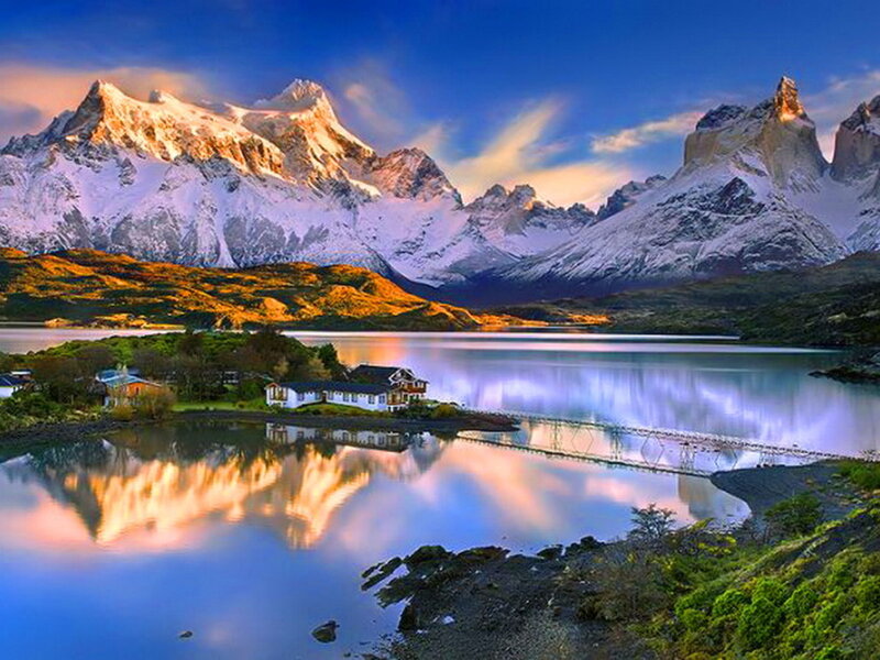 Snow-capped Mountains — Blue, Serene, Sunset, Photograph, Lake