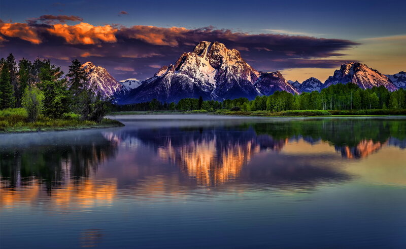 Snow-capped Mountains — Blue, Serene, Sunset, Photograph, Lake, Trees, Clouds