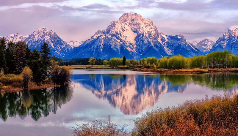 Snow-capped Mountains — Blue, Serene, Sunset, Photograph, Lake, Trees, Reflection