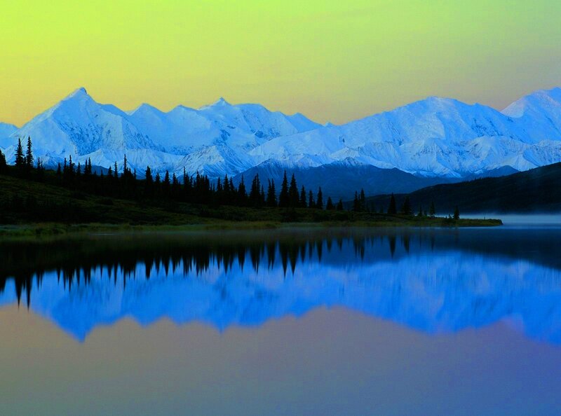 Snow-capped Mountains — Blue, Serene, Sunset, Photograph, Lake, Trees, Reflection, Yellow