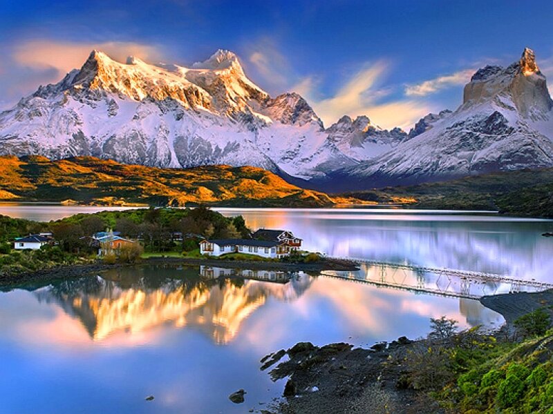 Snow-capped Mountains — Blue, Serene, Sunset, Photograph, Lake, Village
