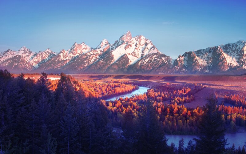 Snow-capped Mountains — Blue, Serene, Sunset, Photograph, River, Forest