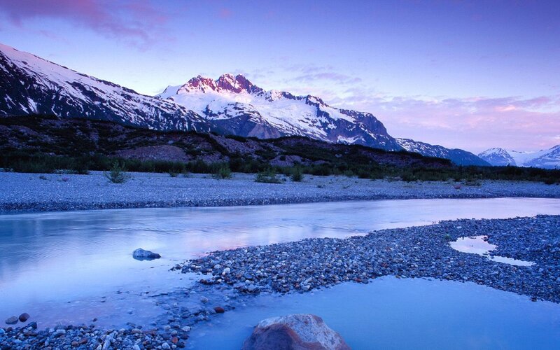Snow-capped Mountains — Blue, Serene, Sunset, Photograph, River, Pebbles, Sky