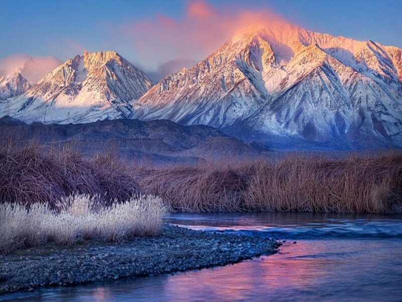 Snow-capped Mountains — Blue, Serene, Sunset, Photograph, River